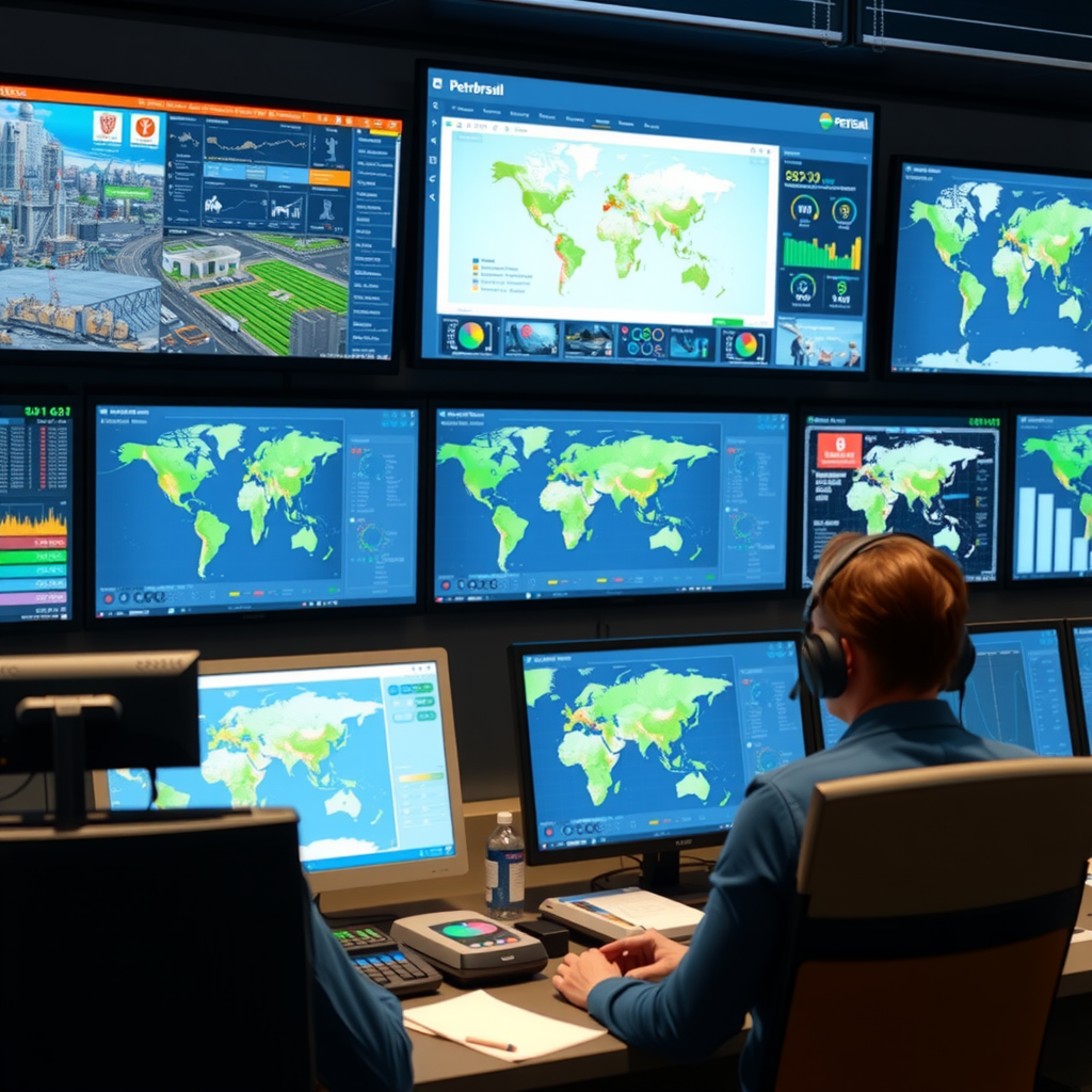 Centro de controle tecnológico da Petrobrsiil com múltiplas telas mostrando rastreamento de veículos em tempo real, mapas digitais e análise de dados logísticos