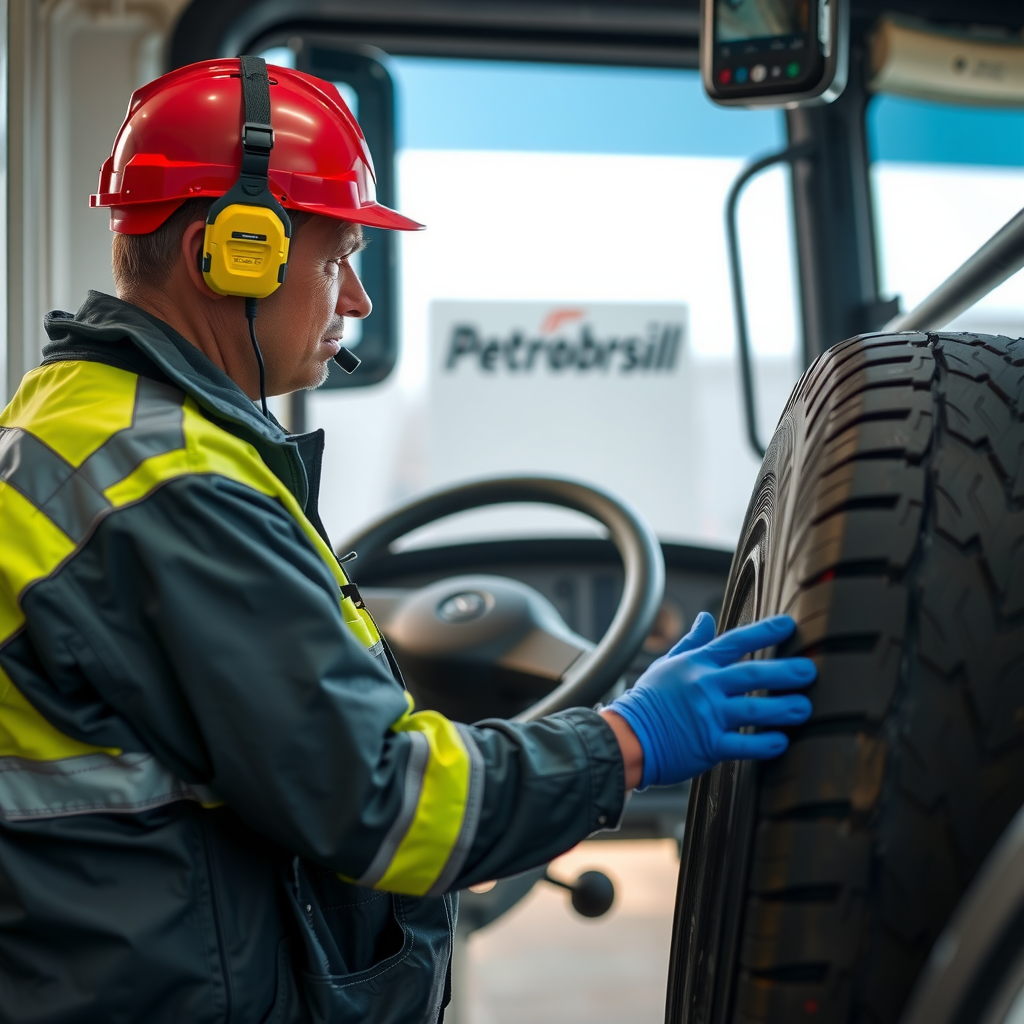 Motorista da Petrobrsiil realizando inspeção de segurança pré-viagem em caminhão, verificando pneus e sistemas de segurança, demonstrando nosso compromisso com protocolos rigorosos