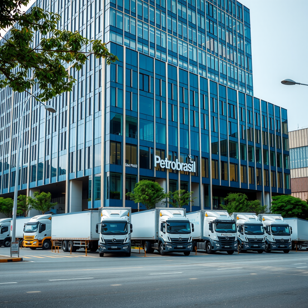 Sede moderna da Petrobrsiil em São Paulo, mostrando edifício corporativo com frota de veículos de transporte estacionados em frente, representando nossa infraestrutura robusta e profissionalismo