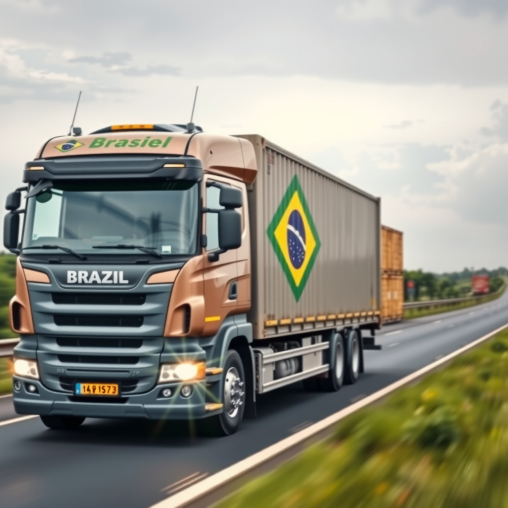 Caminhão de carga brasileiro transportando mercadorias em rodovia, ilustrando serviços de logística e transporte de cargas com segurança e eficiência