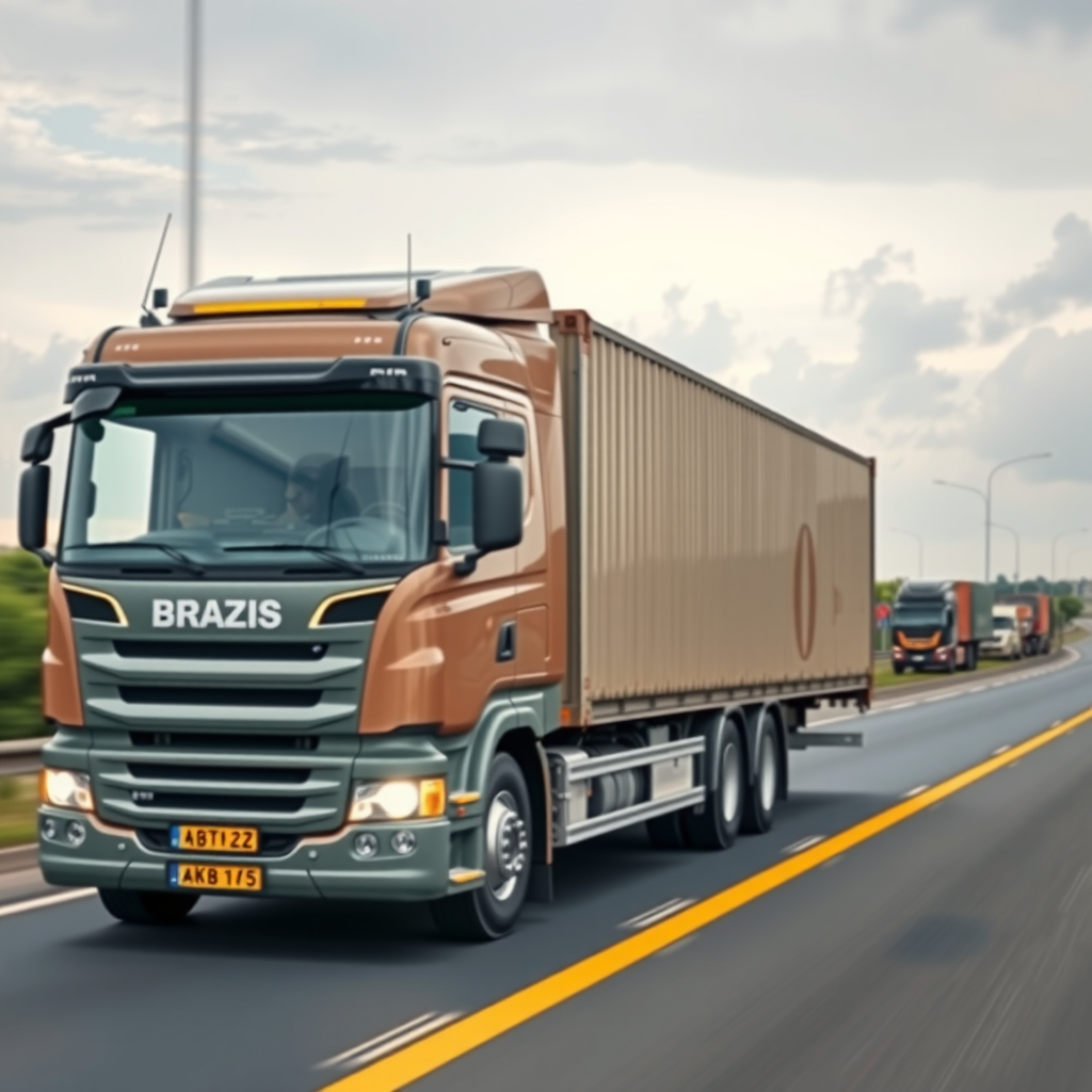 Caminhão de carga brasileiro transportando mercadorias em rodovia, ilustrando serviços de logística e transporte de cargas no Brasil com foco em eficiência e segurança