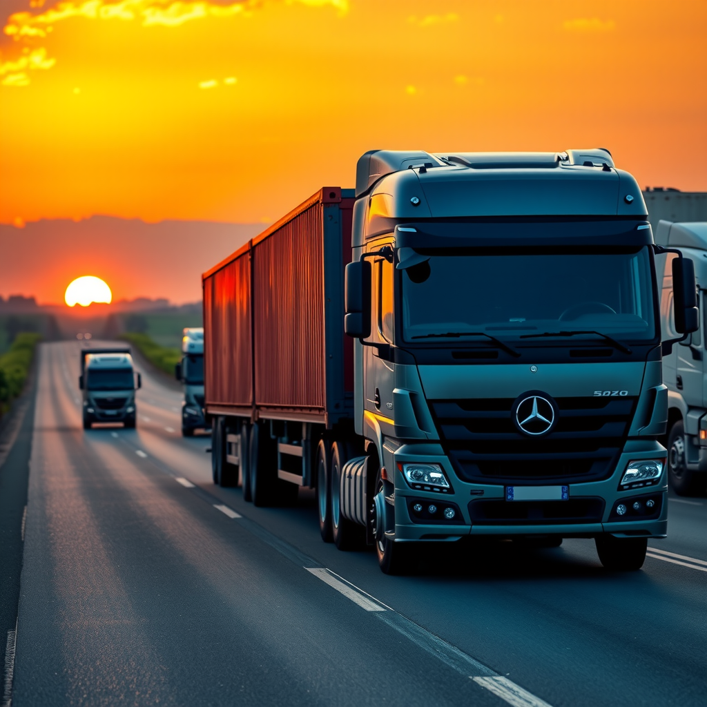 Caminhões de carga modernos trafegando em rodovia brasileira ao amanhecer, com céu alaranjado e paisagem verde ao fundo, simbolizando eficiência e confiabilidade no transporte de mercadorias