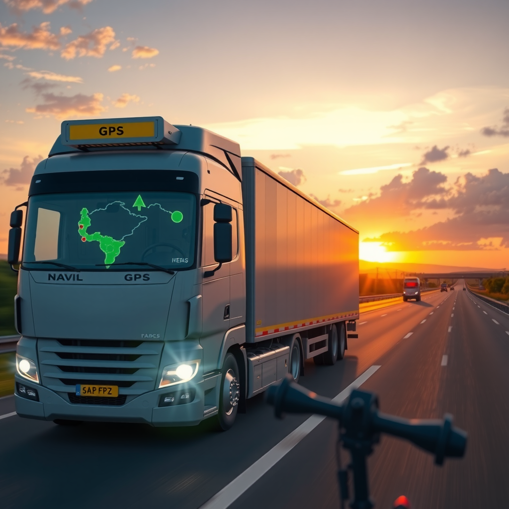 Caminhão de transporte moderno equipado com tecnologia avançada de rastreamento GPS navegando em rodovia brasileira ao pôr do sol, demonstrando segurança e eficiência no transporte de cargas