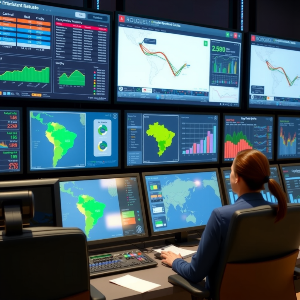Painel de controle digital moderno mostrando rotas de transporte otimizadas em tempo real com mapas do Brasil, gráficos de eficiência e sistemas de rastreamento GPS em telas múltiplas em um centro de operações logísticas