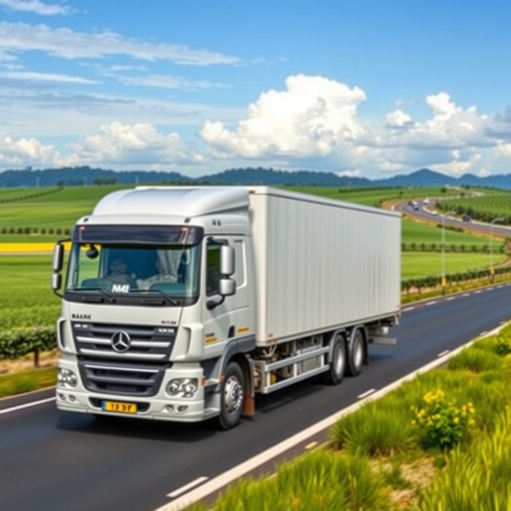 Caminhão de carga moderno transportando mercadorias em rodovia brasileira, com paisagem de campos verdes e céu azul ao fundo, representando a logística de transporte no Brasil