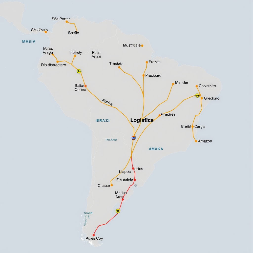 Mapa ilustrativo do Brasil mostrando as principais rotas de transporte e logística conectando diferentes regiões, com destaque para rodovias, portos e centros de distribuição em São Paulo, Rio de Janeiro, Amazônia e interior