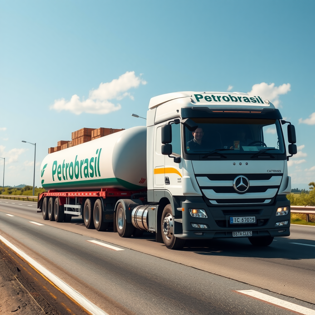 Caminhão moderno da Petrobrsiil carregado com mercadorias, em rodovia brasileira durante o dia, demonstrando nossa capacidade de transporte de carga eficiente e seguro