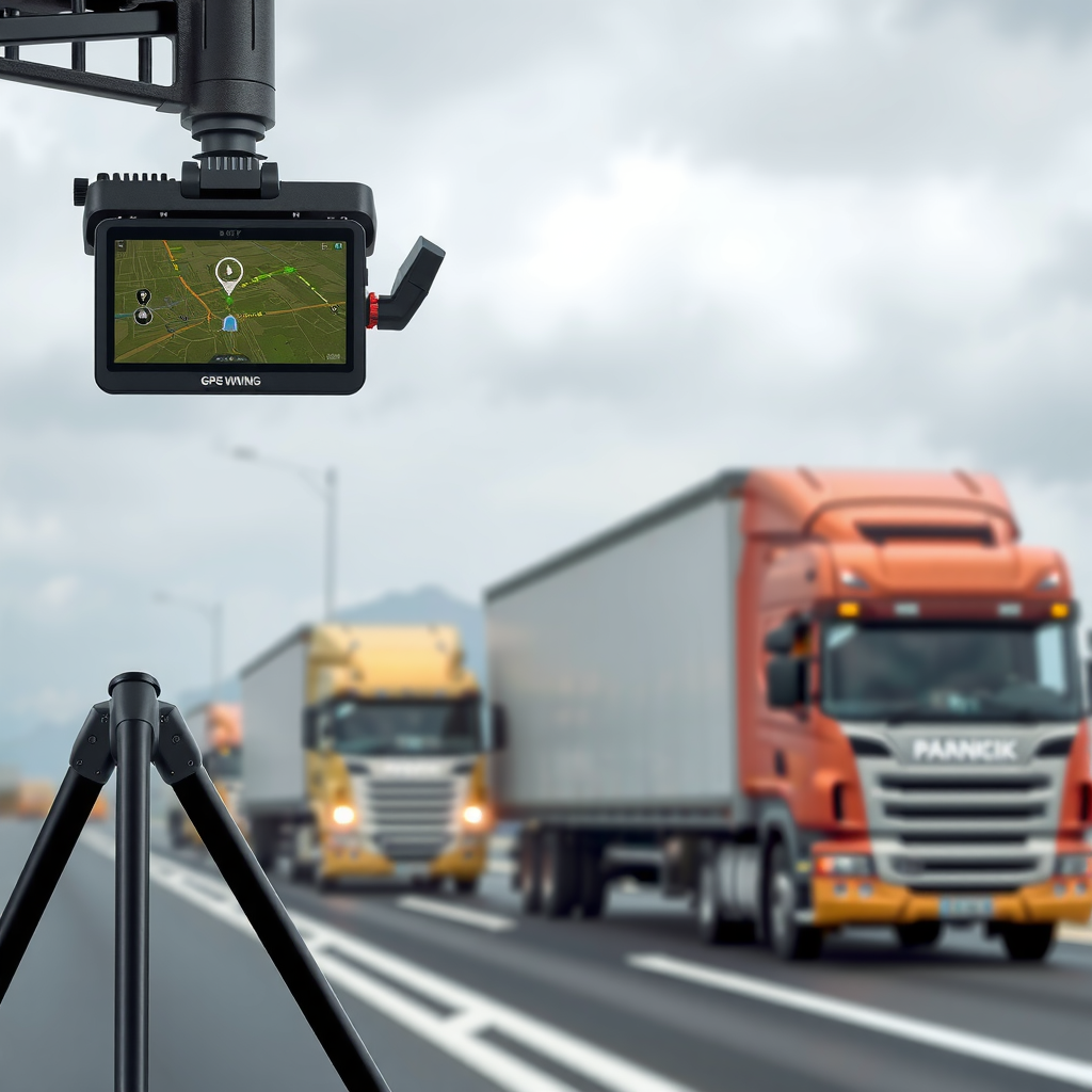 Sistema de rastreamento GPS e equipamentos de segurança para transporte, mostrando tecnologia moderna de monitoramento de frotas e proteção de cargas