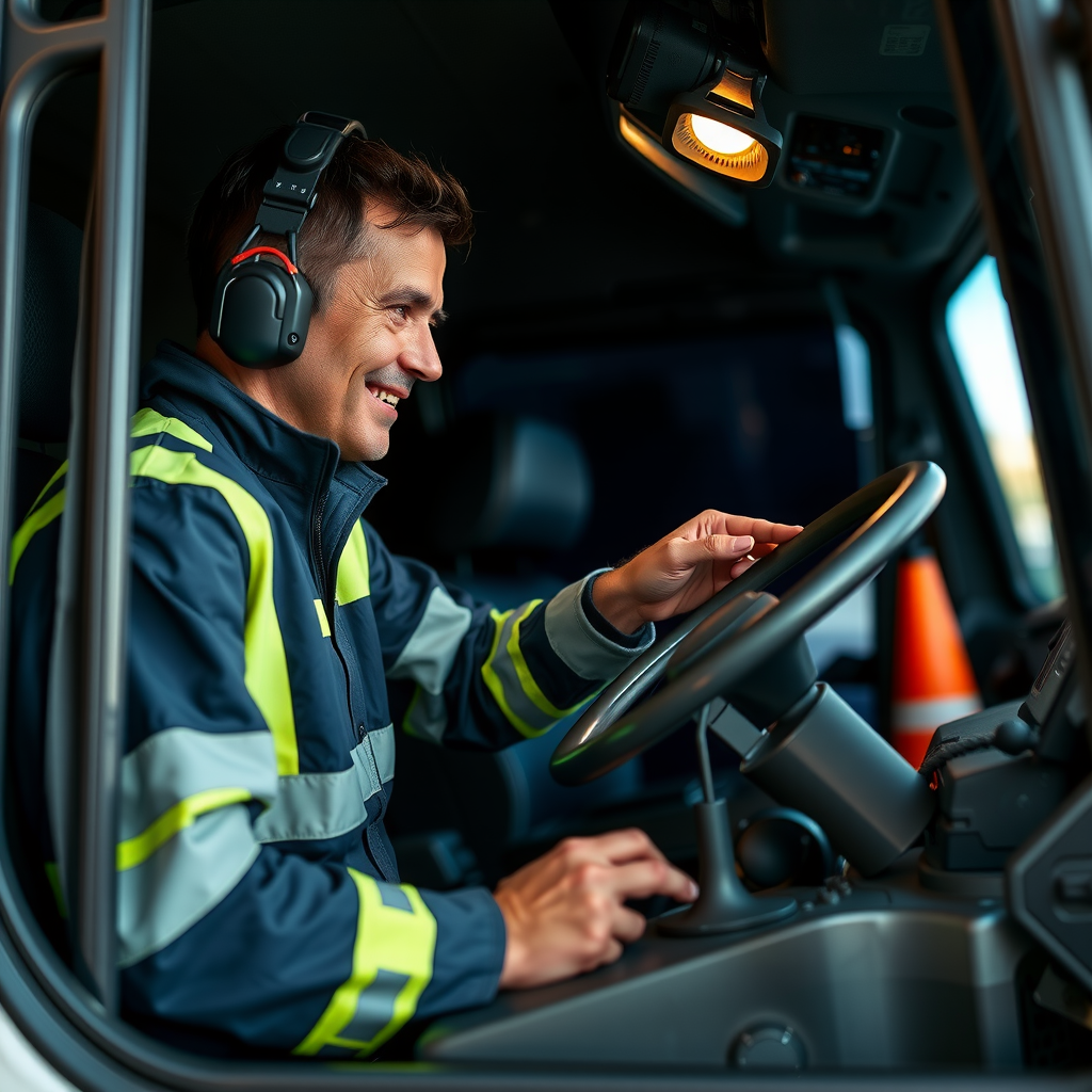 Motorista profissional verificando equipamentos de segurança em veículo de transporte, demonstrando protocolos de segurança e manutenção preventiva em empresa de logística brasileira