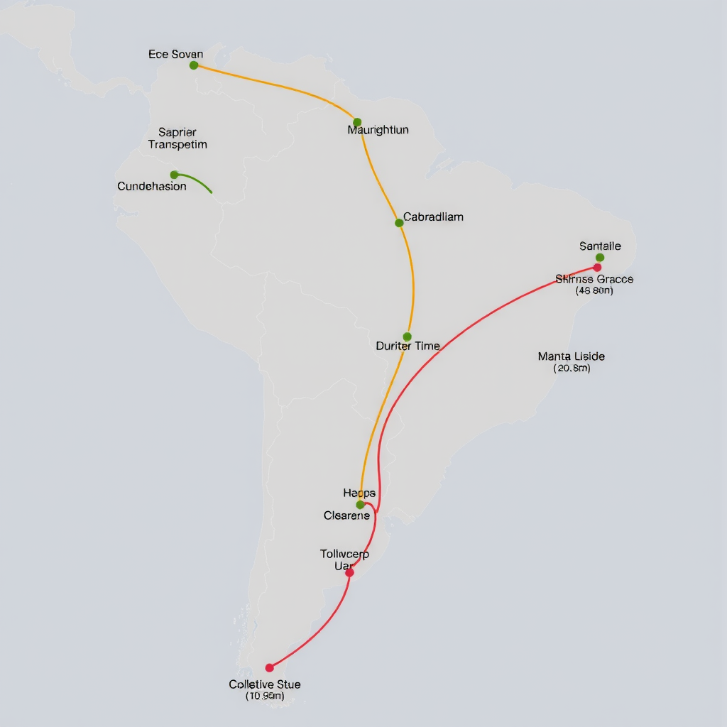 Mapa ilustrativo do Brasil mostrando principais rotas de transporte de carga com linhas coloridas conectando diferentes regiões, incluindo indicadores de tempo de entrega e distâncias entre capitais