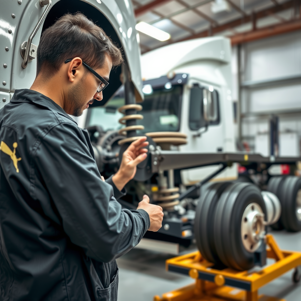 Mecânico profissional realizando inspeção técnica detalhada em caminhão de carga em oficina moderna, verificando sistemas de freios, suspensão e motor para garantir segurança operacional