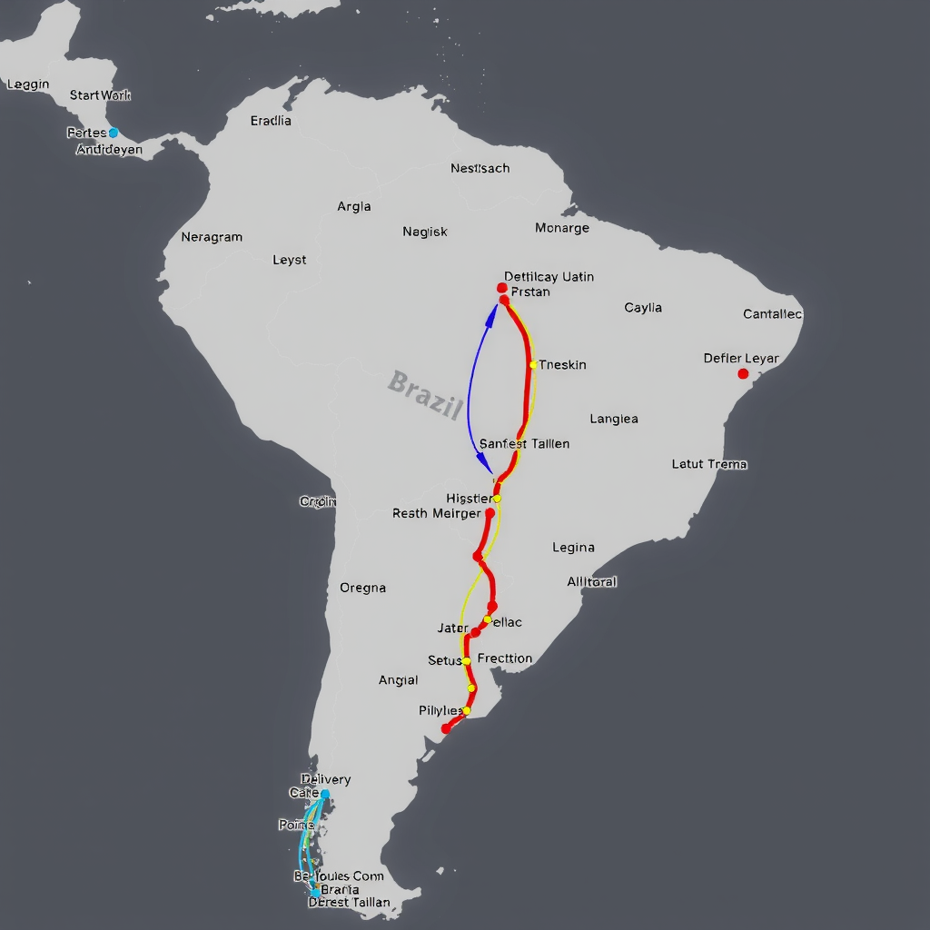 Mapa interativo do Brasil com múltiplas rotas coloridas sendo calculadas por algoritmos de otimização, mostrando pontos de entrega, tempos estimados e economia de combustível em uma interface de software moderna