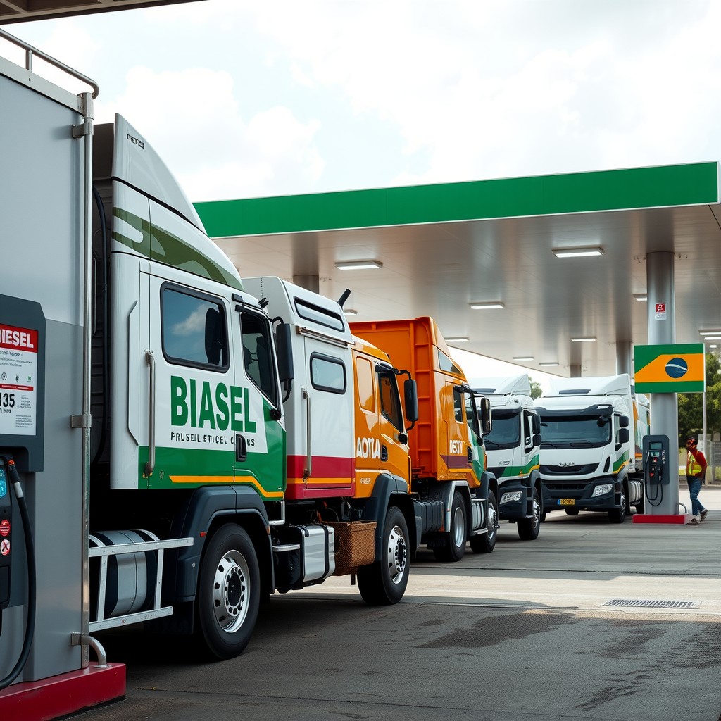 Posto de combustível brasileiro com caminhões de carga abastecendo, mostrando bombas de diesel e motoristas realizando o abastecimento, ilustrando o impacto dos custos de combustível no transporte