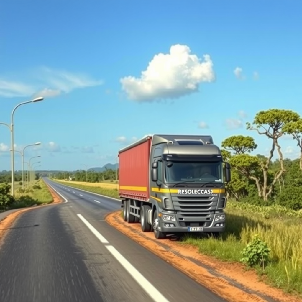 Caminhão de transporte de carga moderno trafegando em rodovia brasileira atravessando região de cerrado, demonstrando operações logísticas no interior do país com céu azul e vegetação típica