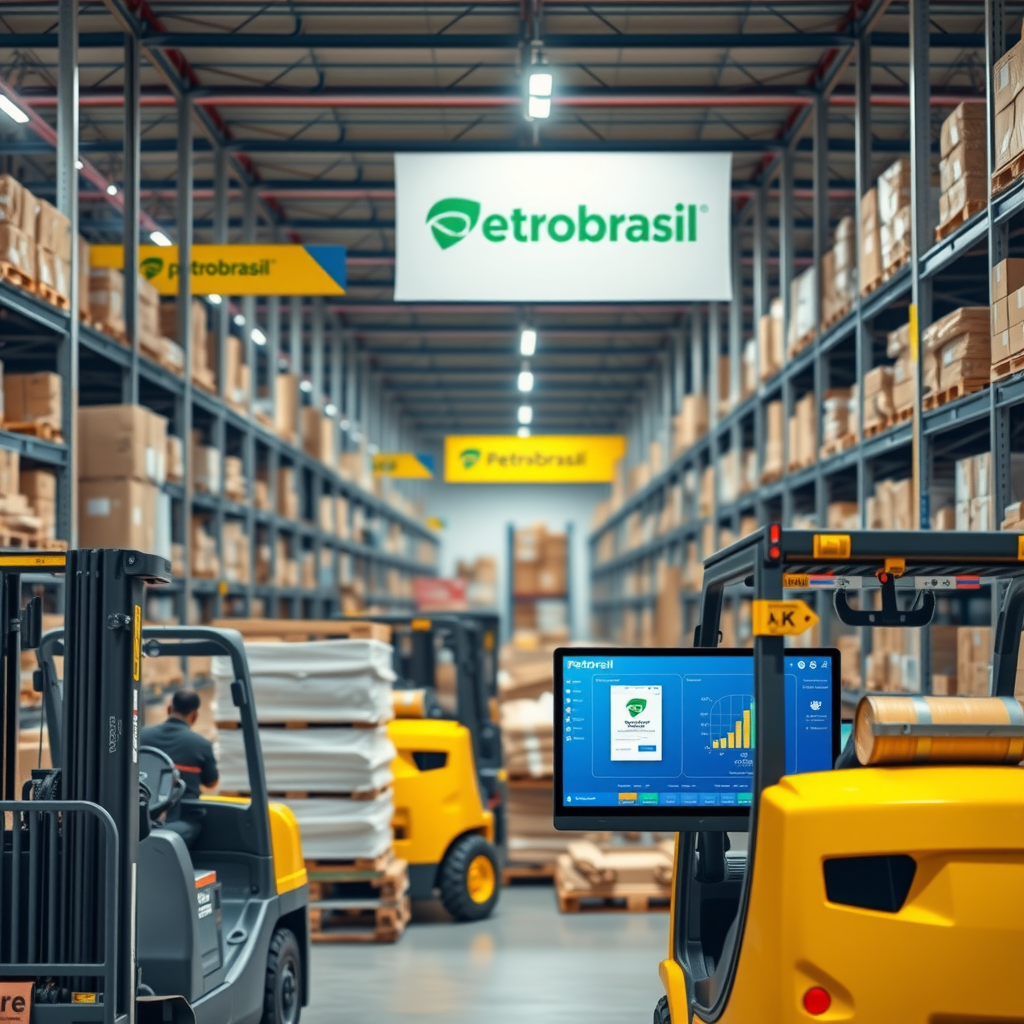 Centro de distribuição da Petrobrsiil com empilhadeiras organizando mercadorias, sistema de gestão logística em telas de computador, mostrando eficiência operacional e tecnologia avançada