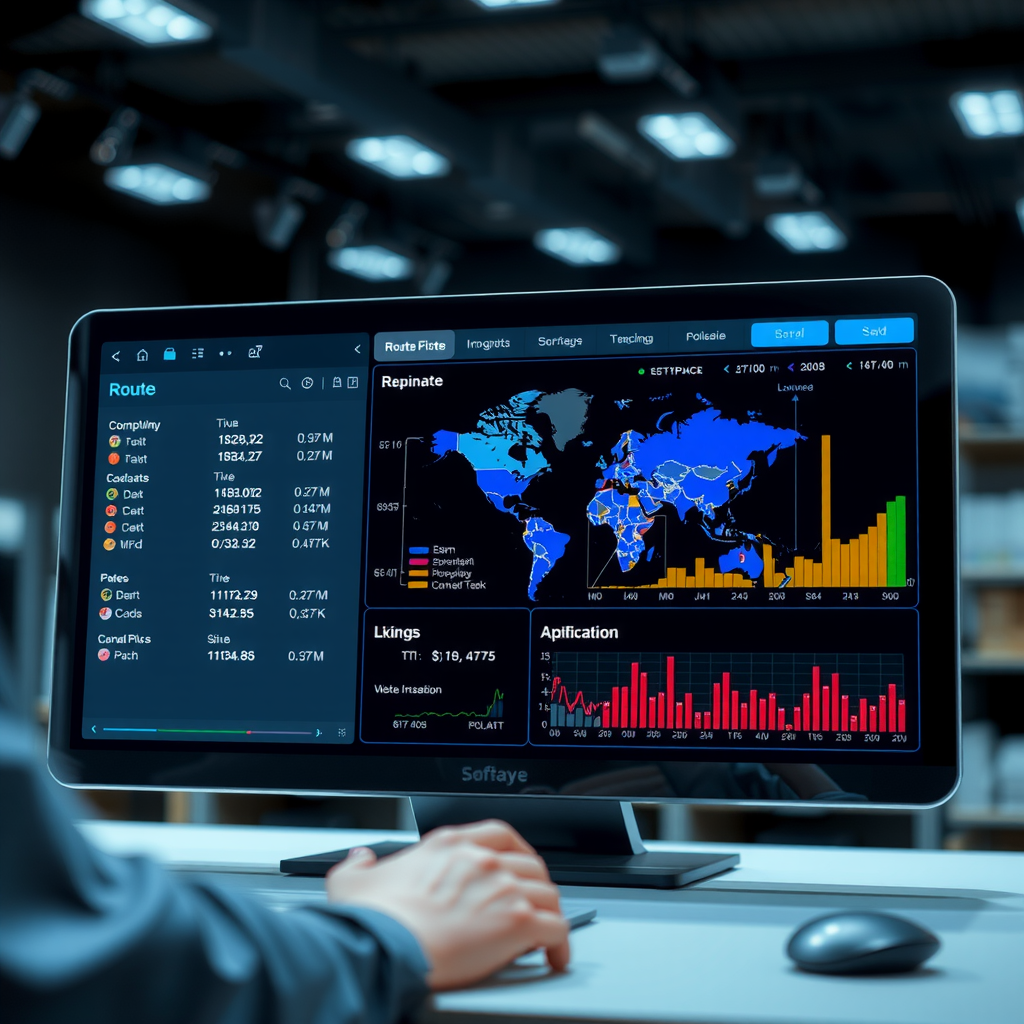 Interface de software de otimização de rotas e rastreamento em tempo real, demonstrando tecnologias digitais avançadas para gestão de logística e transporte