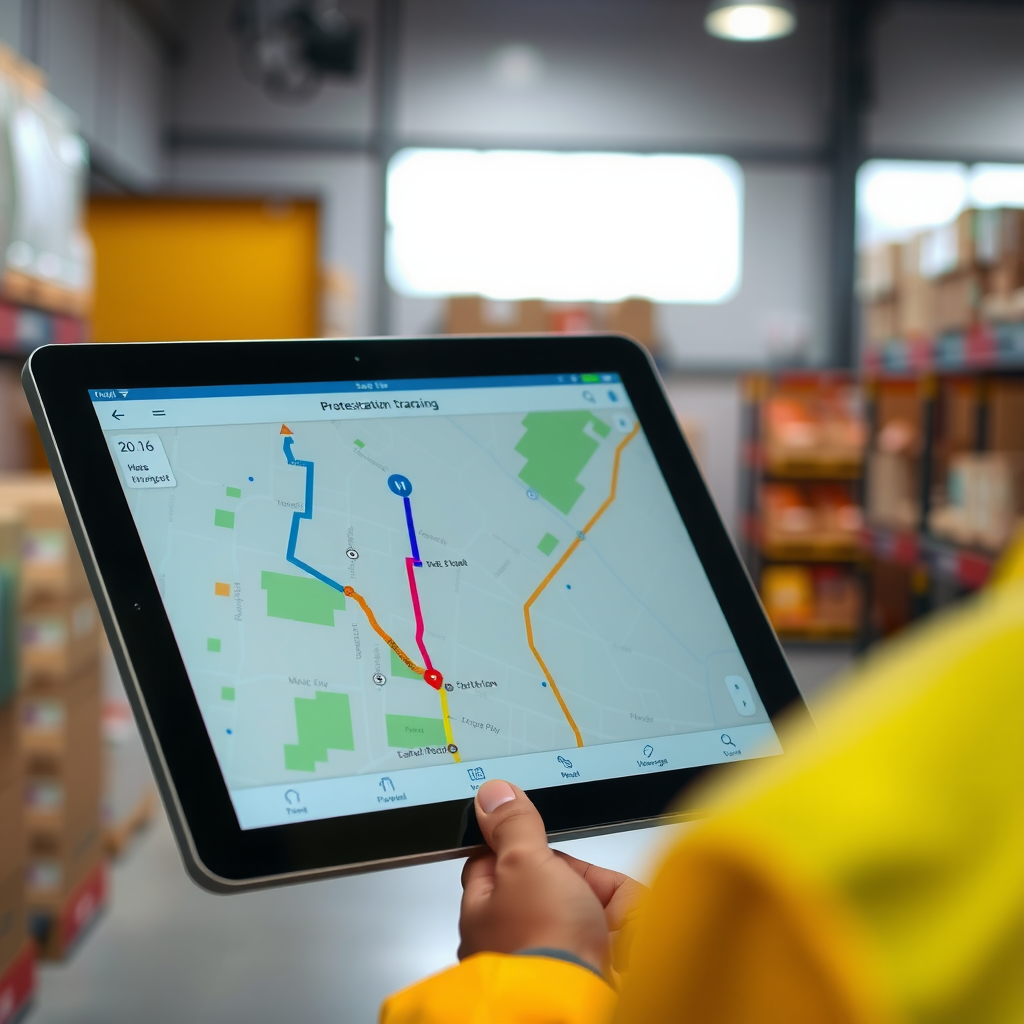 Sistema de rastreamento GPS e software de otimização de rotas em tablet, mostrando tecnologias emergentes em logística e transporte digital no Brasil