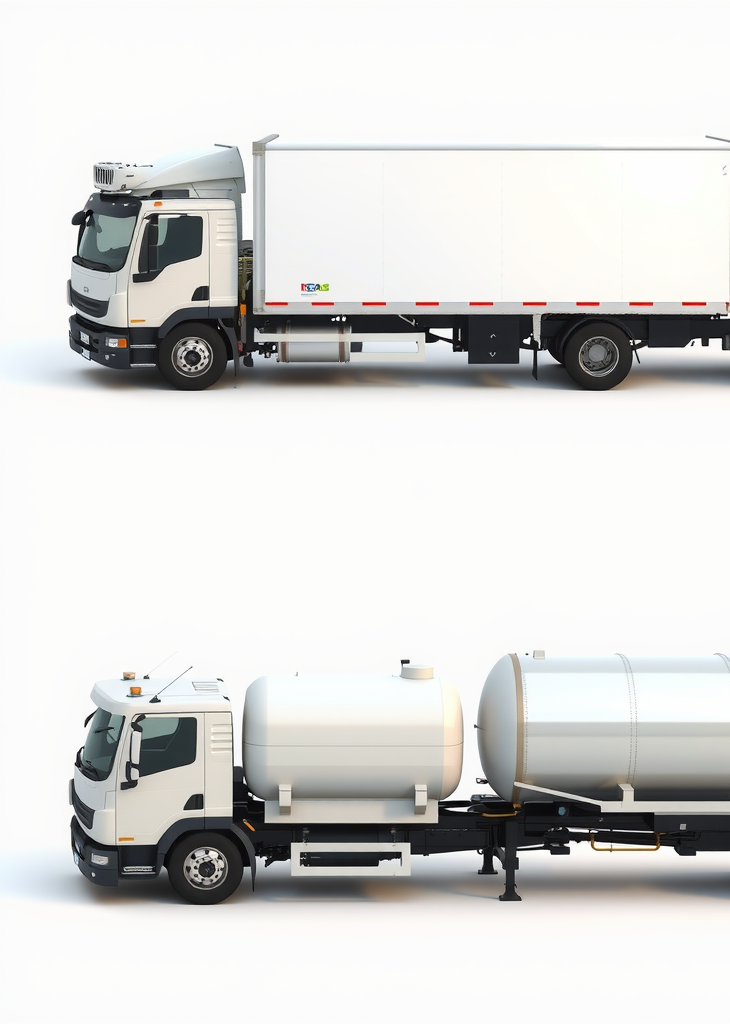 Ilustração mostrando diversos tipos de caminhões especializados lado a lado: caminhão refrigerado, caminhão baú, caminhão tanque e caminhão plataforma, cada um adequado para diferentes tipos de carga