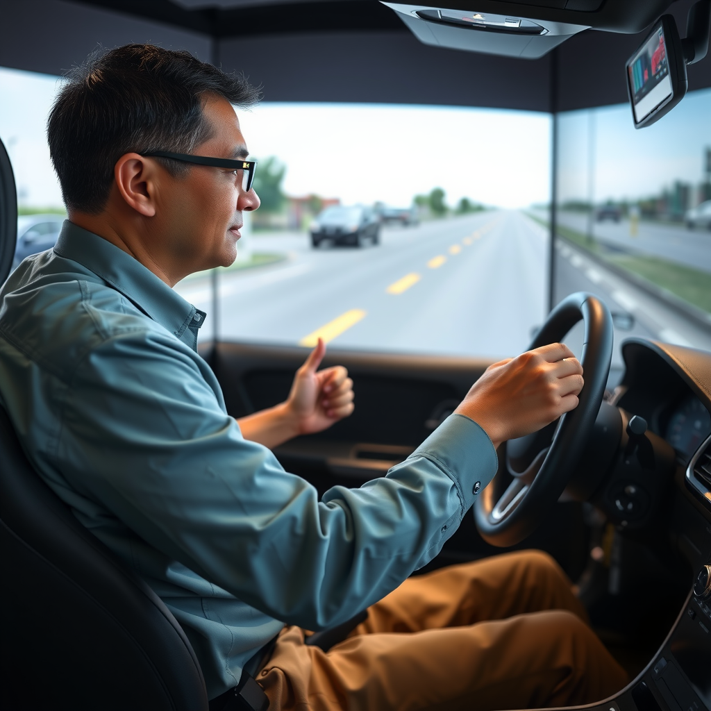 Instrutor profissional conduzindo sessão de treinamento com motoristas em simulador avançado de direção defensiva, demonstrando técnicas de segurança e resposta a emergências em ambiente controlado