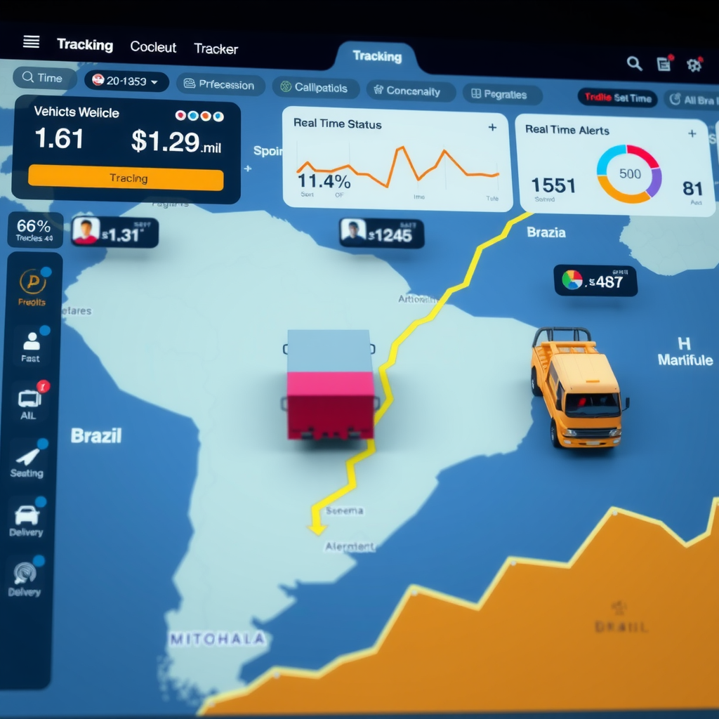 Dashboard de rastreamento mostrando múltiplos veículos em movimento no mapa do Brasil com informações detalhadas de localização, velocidade, status de entrega e alertas em tempo real em uma interface moderna e intuitiva