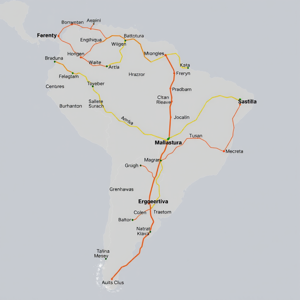 Mapa ilustrativo do Brasil mostrando principais rotas de transporte e logística, com linhas conectando diferentes regiões, destacando a complexidade da malha rodoviária brasileira e distâncias entre centros urbanos