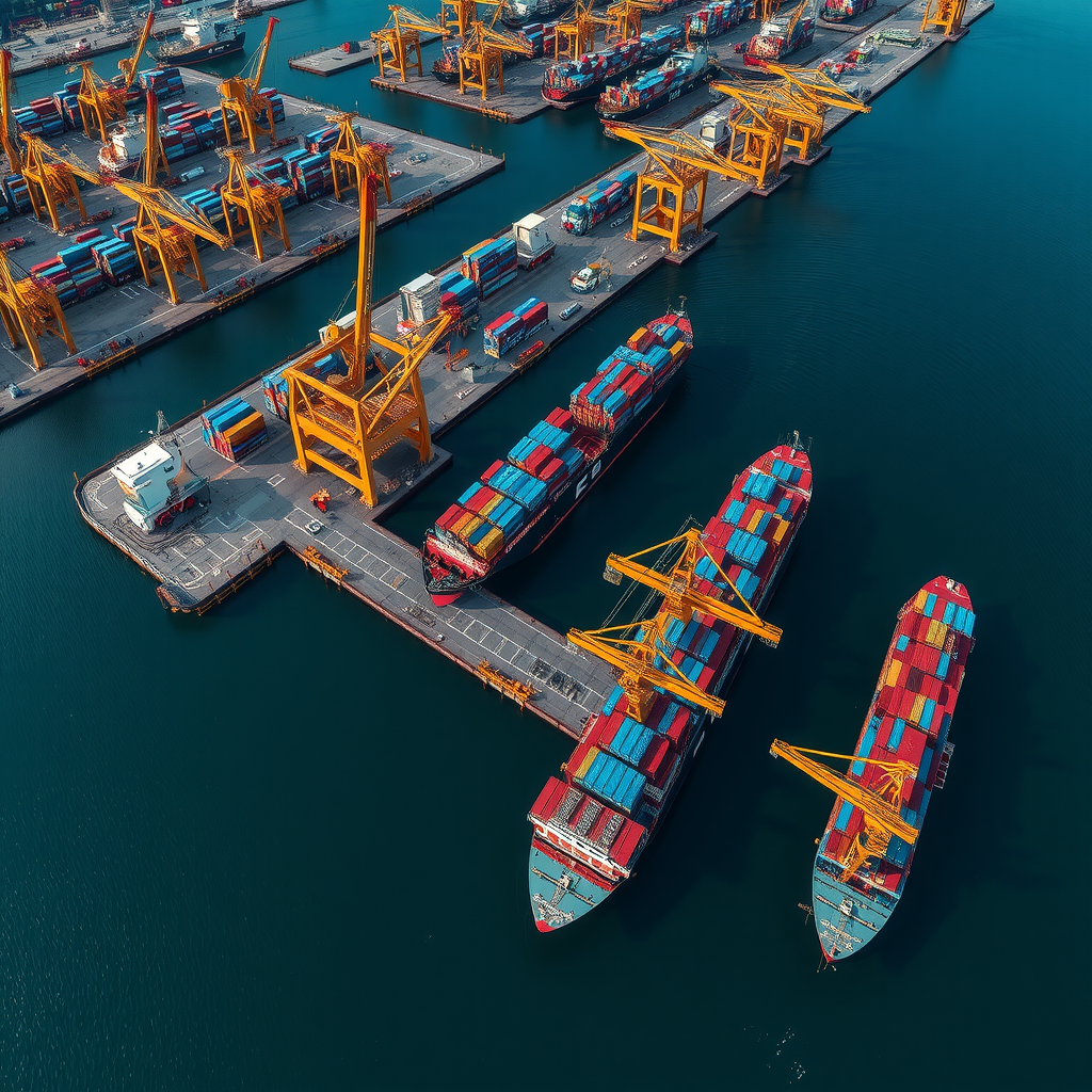 Vista aérea panorâmica do Porto de Santos mostrando terminal de containers, navios cargueiros atracados, guindastes portuários e intensa atividade logística, representando o maior porto da América Latina