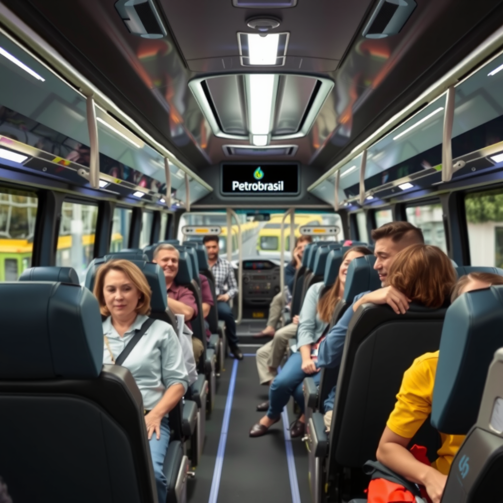 Ônibus executivo da Petrobrsiil com interior confortável, assentos reclináveis e passageiros satisfeitos, representando nosso compromisso com conforto e qualidade no transporte de pessoas