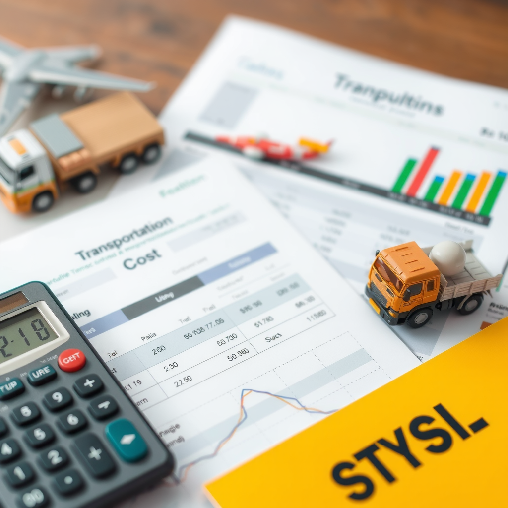 Calculadora e documentos de frete mostrando análise de custos de transporte, ilustrando fatores de precificação e orçamento em serviços de logística no Brasil