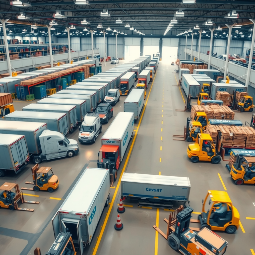 Vista aérea de um grande centro de distribuição logística moderno com múltiplos caminhões nas docas de carga, empilhadeiras em movimento e armazéns organizados, representando eficiência operacional