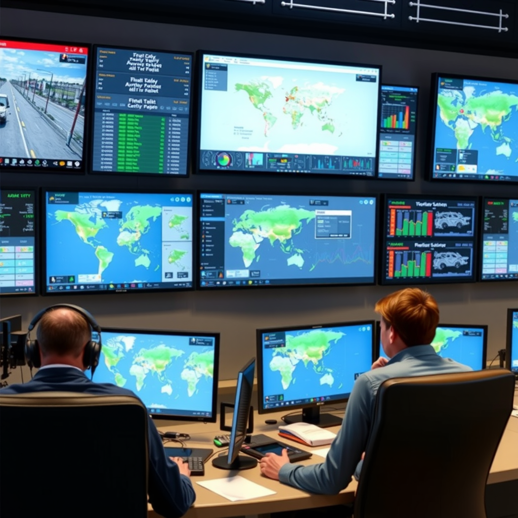 Central de monitoramento moderna com múltiplas telas exibindo rastreamento em tempo real de frota de veículos, mapas digitais, alertas de segurança e dados de telemetria para gestão eficiente de operações de transporte