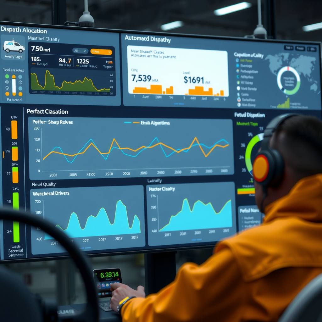 Interface de sistema de despacho automatizado mostrando alocação inteligente de veículos para diferentes rotas, com algoritmos de matching entre cargas e motoristas disponíveis, incluindo gráficos de eficiência e otimização de recursos