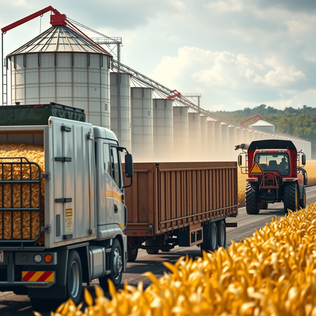 Cena de colheita agrícola no Brasil com caminhões sendo carregados com grãos, mostrando silos, colheitadeiras em ação e a movimentação intensa durante o período de safra, ilustrando a sazonalidade do transporte