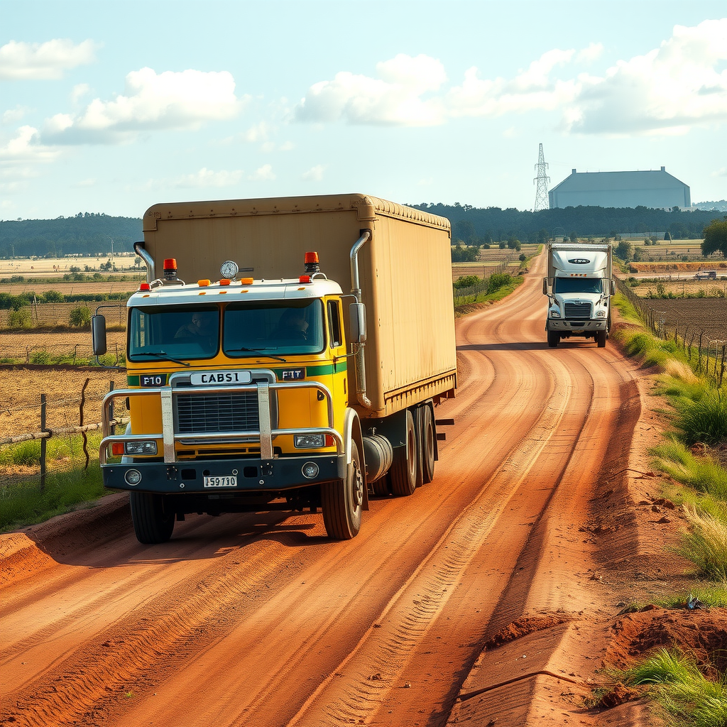 Caminhão robusto de transporte atravessando estrada de terra em região rural do interior do Brasil, com paisagem de campo aberto, demonstrando os desafios logísticos em áreas remotas