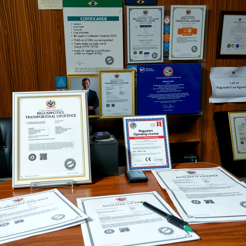 Mesa de escritório com documentação organizada, certificados de conformidade regulatória, selos de qualidade e licenças de operação de transporte emitidas por órgãos reguladores brasileiros