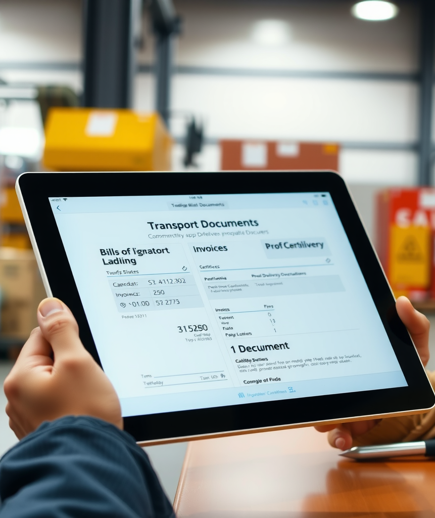 Tablet mostrando documentos de transporte digitais incluindo conhecimentos de embarque eletrônicos, comprovantes de entrega com assinatura digital, notas fiscais e certificados, tudo em formato digital e acessível via nuvem