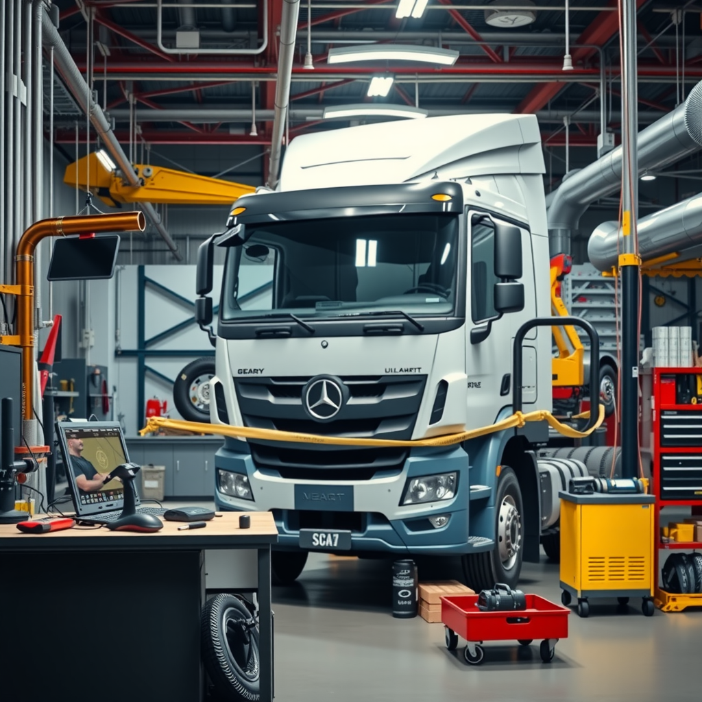 Interior de oficina mecânica especializada em veículos pesados, mostrando caminhão sendo inspecionado por mecânicos, com ferramentas e equipamentos de diagnóstico, ilustrando os custos de manutenção no transporte