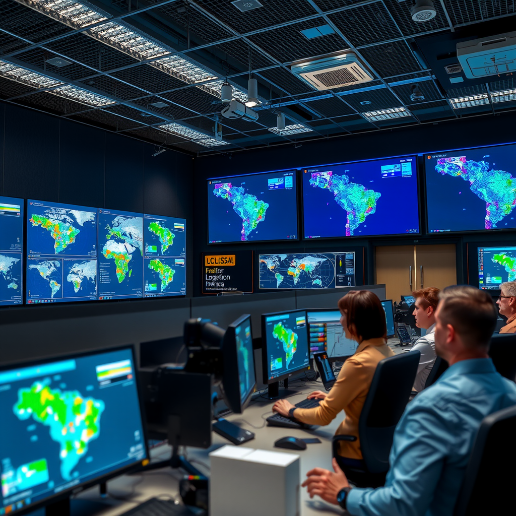 Centro de controle e monitoramento logístico moderno com múltiplos monitores exibindo mapas de rastreamento de frotas, dados em tempo real, e equipe de operadores gerenciando transportes em todo Brasil