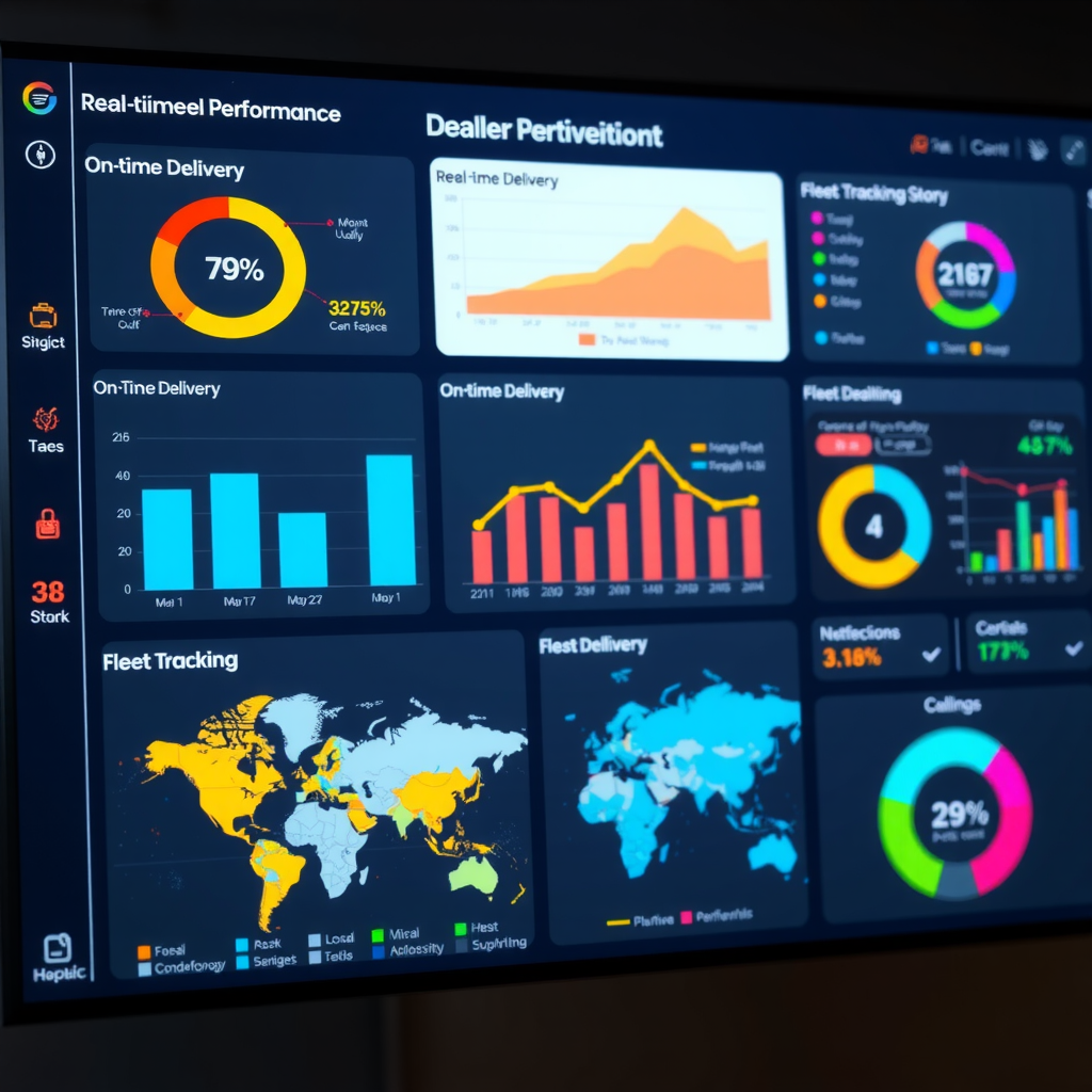 Interface de dashboard digital mostrando métricas de desempenho logístico em tempo real, incluindo gráficos de entregas no prazo, mapas de rastreamento de frota e indicadores de performance coloridos