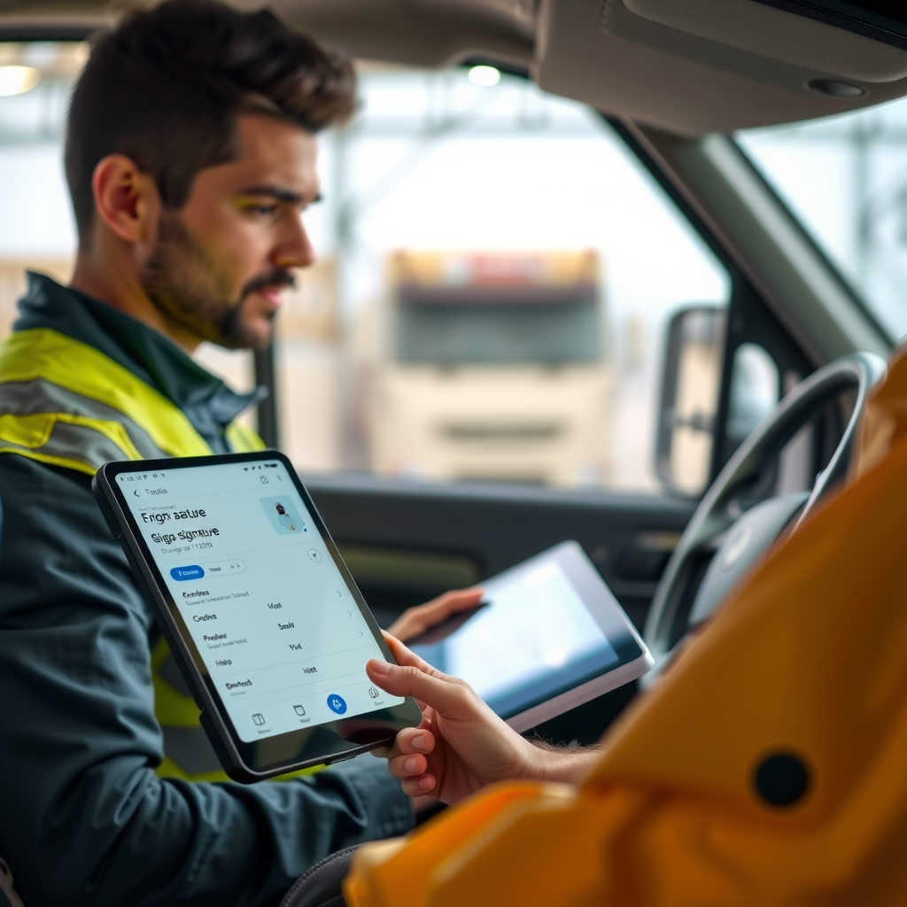 Motorista usando tablet para coletar assinatura digital de cliente no momento da entrega, com interface mostrando detalhes da carga, opção de foto e campos para observações, em ambiente de entrega comercial