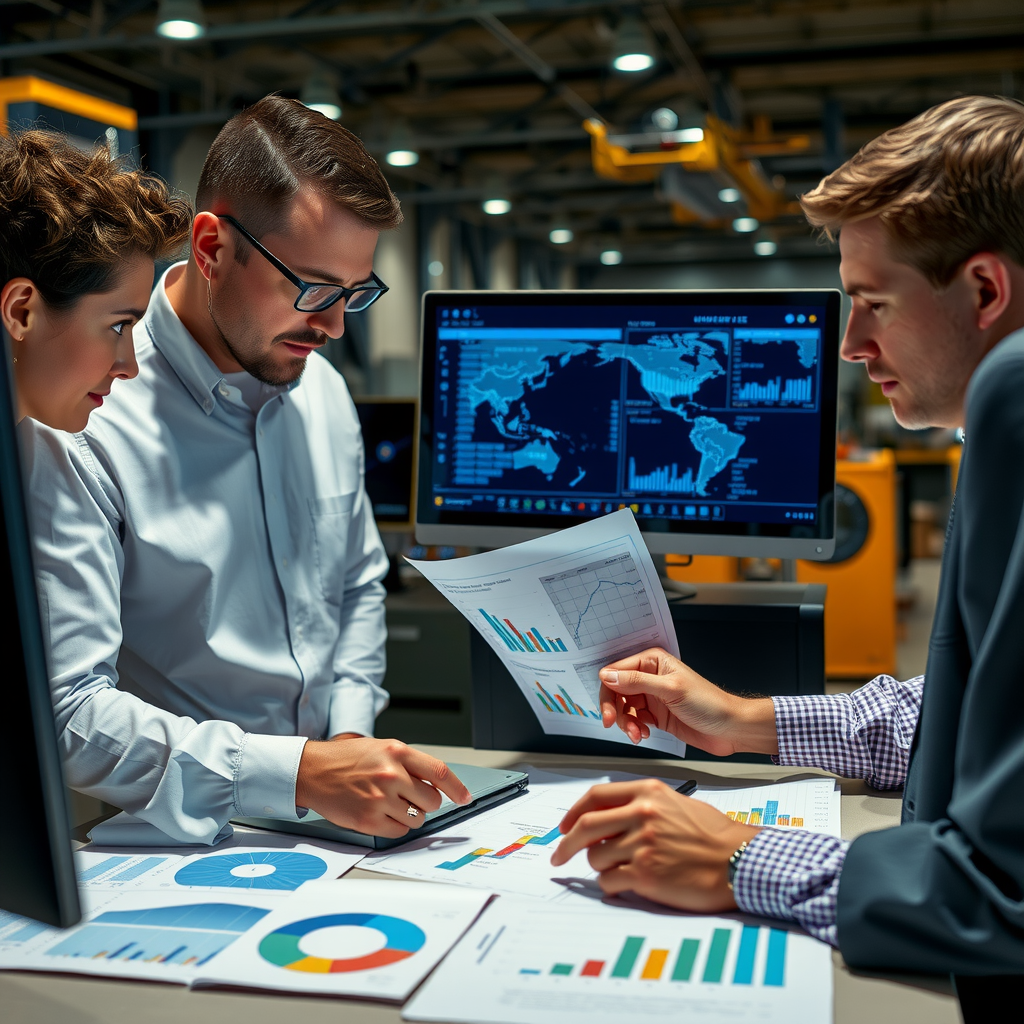 Equipe de profissionais de logística analisando gráficos e dados em computadores, com mapas de rotas e planilhas de custos, representando o planejamento estratégico para otimização de transporte