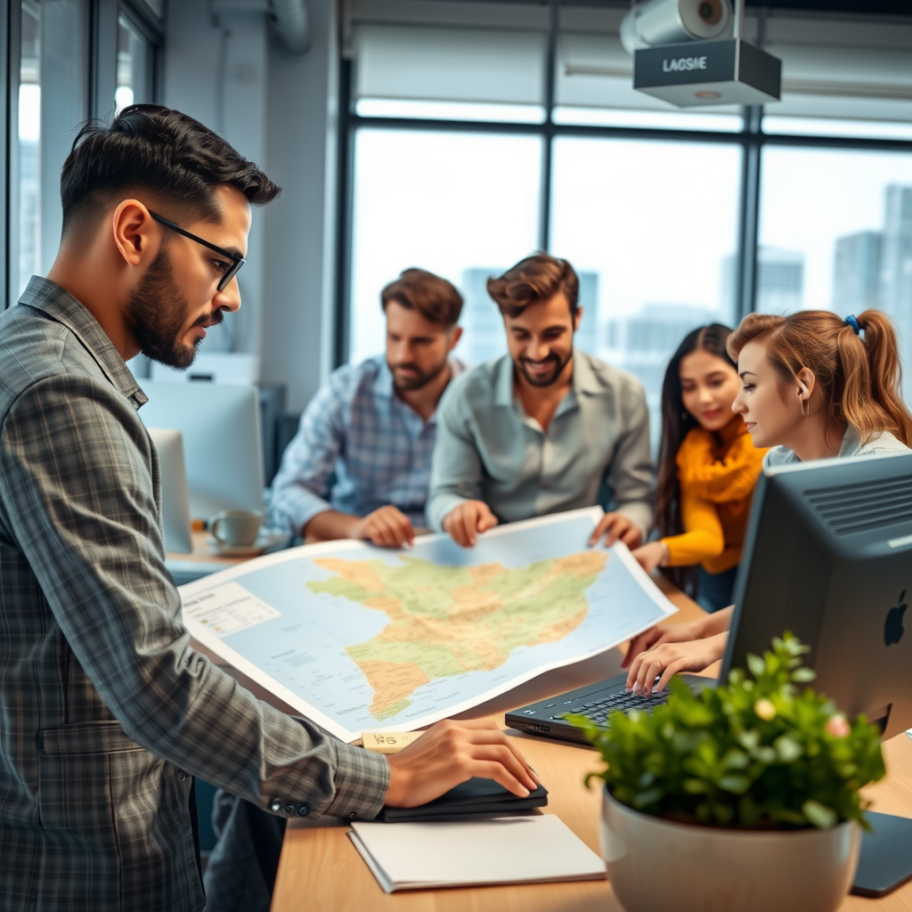 Equipe diversificada de profissionais de logística em escritório moderno, analisando mapas e dados em computadores, planejando rotas de transporte e estratégias operacionais para diferentes regiões do Brasil