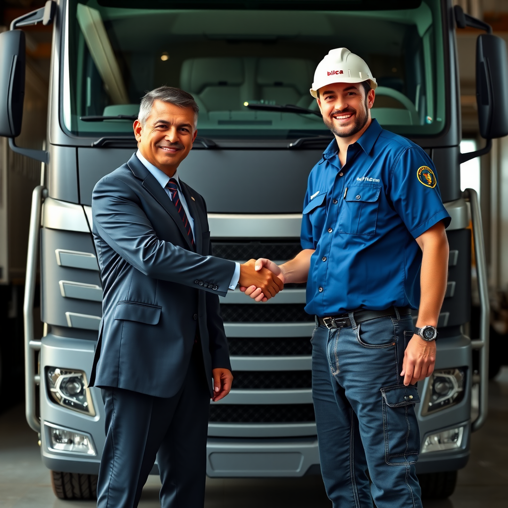 Empresário brasileiro de terno apertando a mão de motorista de caminhão profissional uniformizado em frente a um caminhão moderno, simbolizando parceria de sucesso e confiança no transporte de cargas