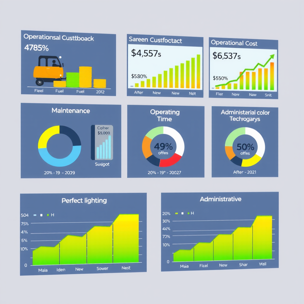 Gráficos e dashboards mostrando redução de custos operacionais com implementação de tecnologia, incluindo economia em combustível, manutenção, tempo de operação e custos administrativos, com comparativos antes e depois