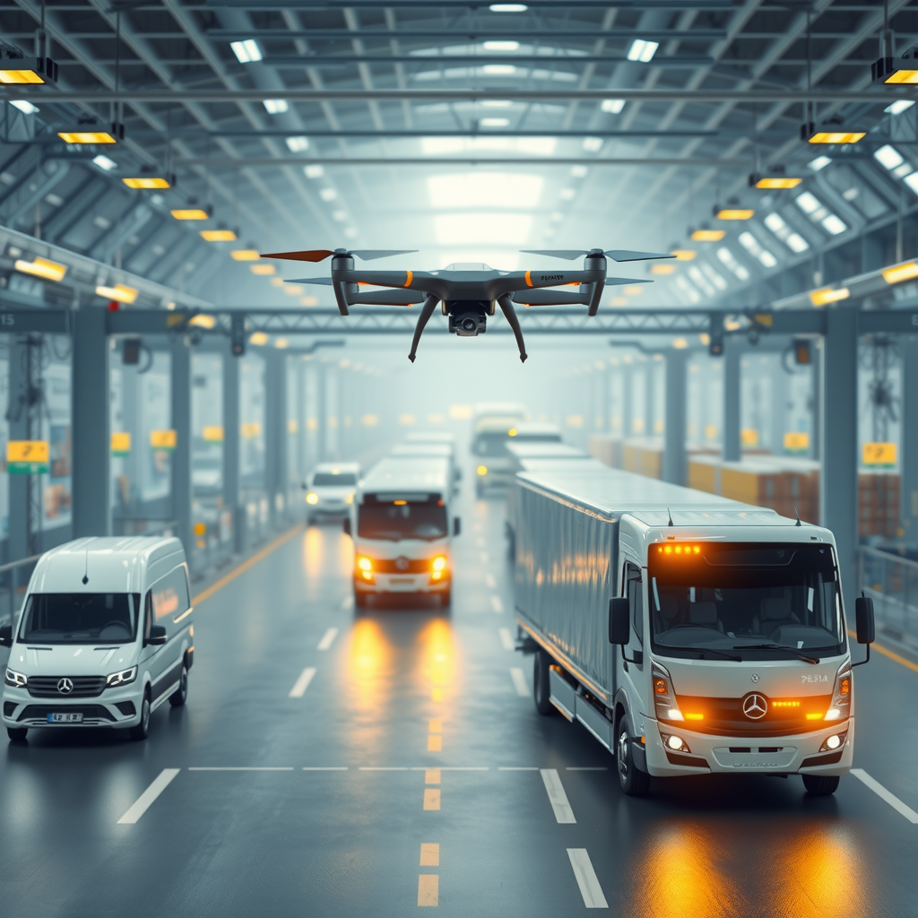 Visualização futurista de tecnologias emergentes no transporte brasileiro incluindo veículos autônomos, drones de entrega, centros de distribuição automatizados e sistemas de inteligência artificial gerenciando operações logísticas complexas