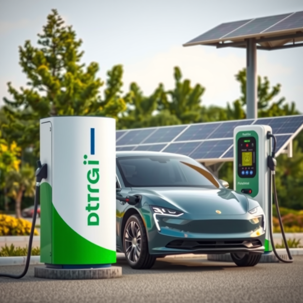 Veículo elétrico da Petrobrsiil sendo carregado em estação de recarga solar, com árvores ao fundo, simbolizando nosso compromisso com transporte sustentável e energia limpa