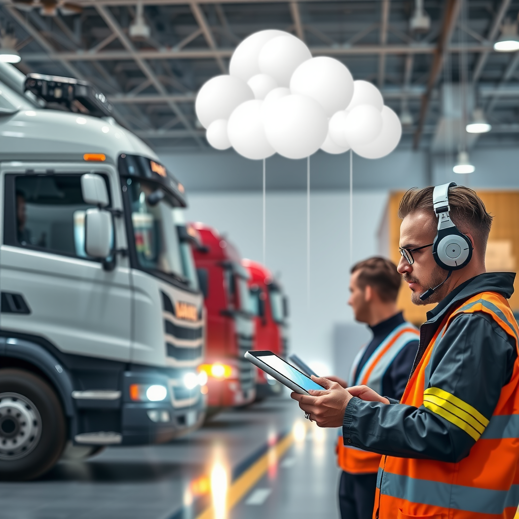 Imagem conceitual mostrando a evolução do transporte tradicional para o digital, com caminhões modernos conectados, tablets, sistemas em nuvem e profissionais trabalhando com tecnologia avançada em um ambiente de logística moderna e eficiente